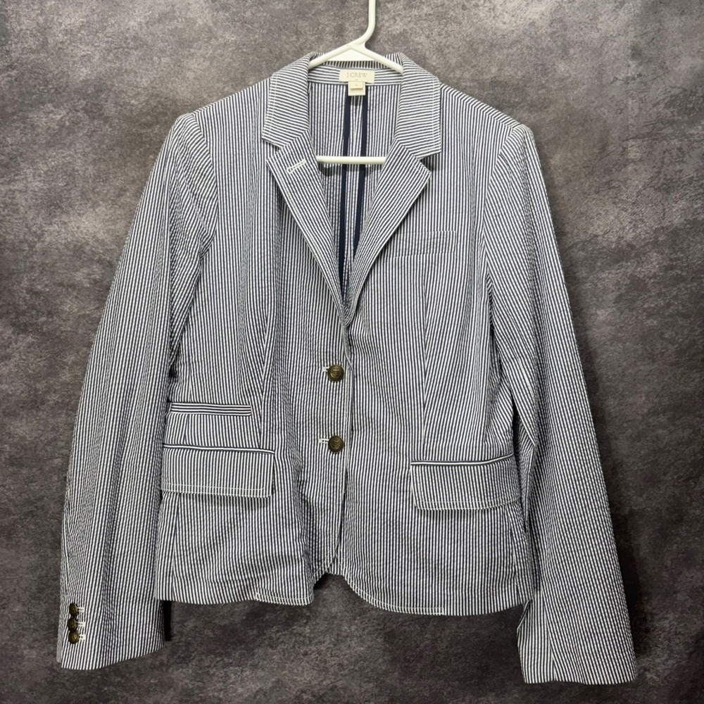 J. Crew Womens Blue White Seersucker Striped Blazer Jacket Size 6 Preppy Coastal